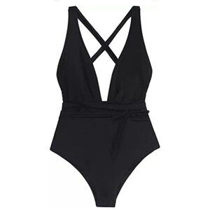 Cupshe Womens XL Black Crisscross One-Piece Swimsuit With Tie Waist NWT
